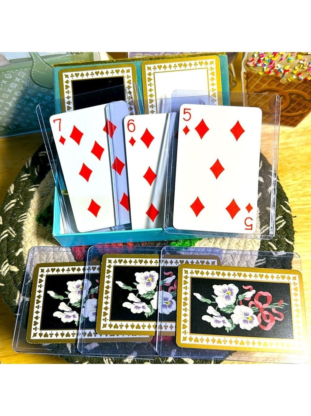 Tiffany & Co. Black and Gold Floral Cards - 5,6,7 of Diamonds